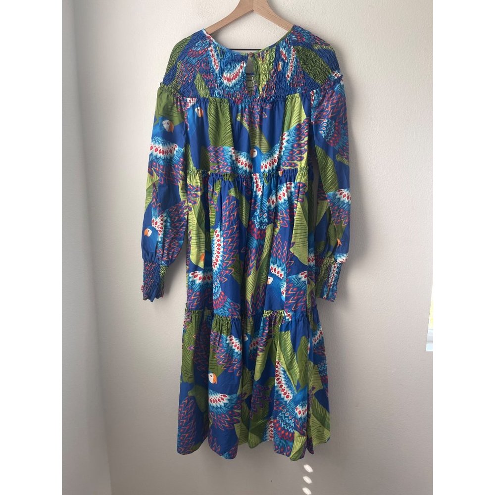 Farm Rio Women’s Tropical Dress Size L Blue Macaw long Sleeve MIDI Maxi - Picture 3 of 9